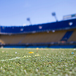 A ground level shot of grass at a stadium.