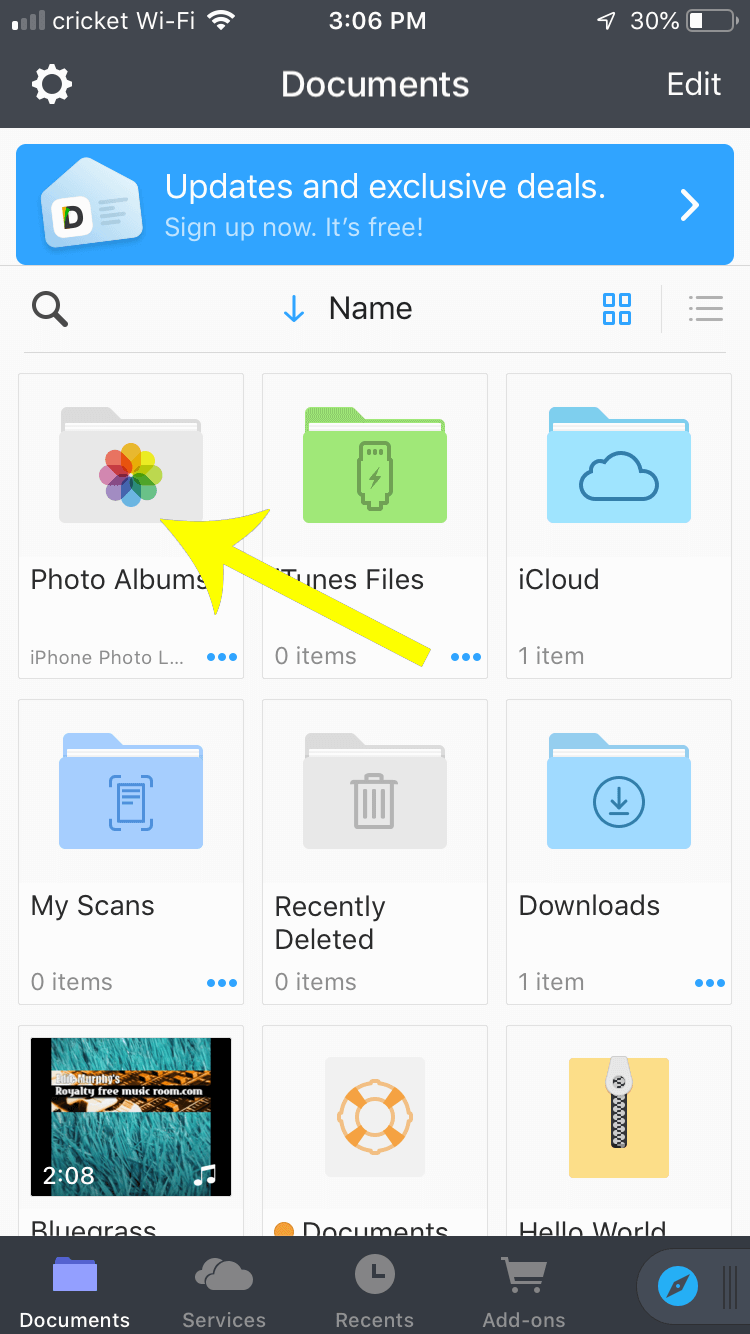 Tap on the Photo Album view in Documents so that it will open the iPhone prompt to authorize access.